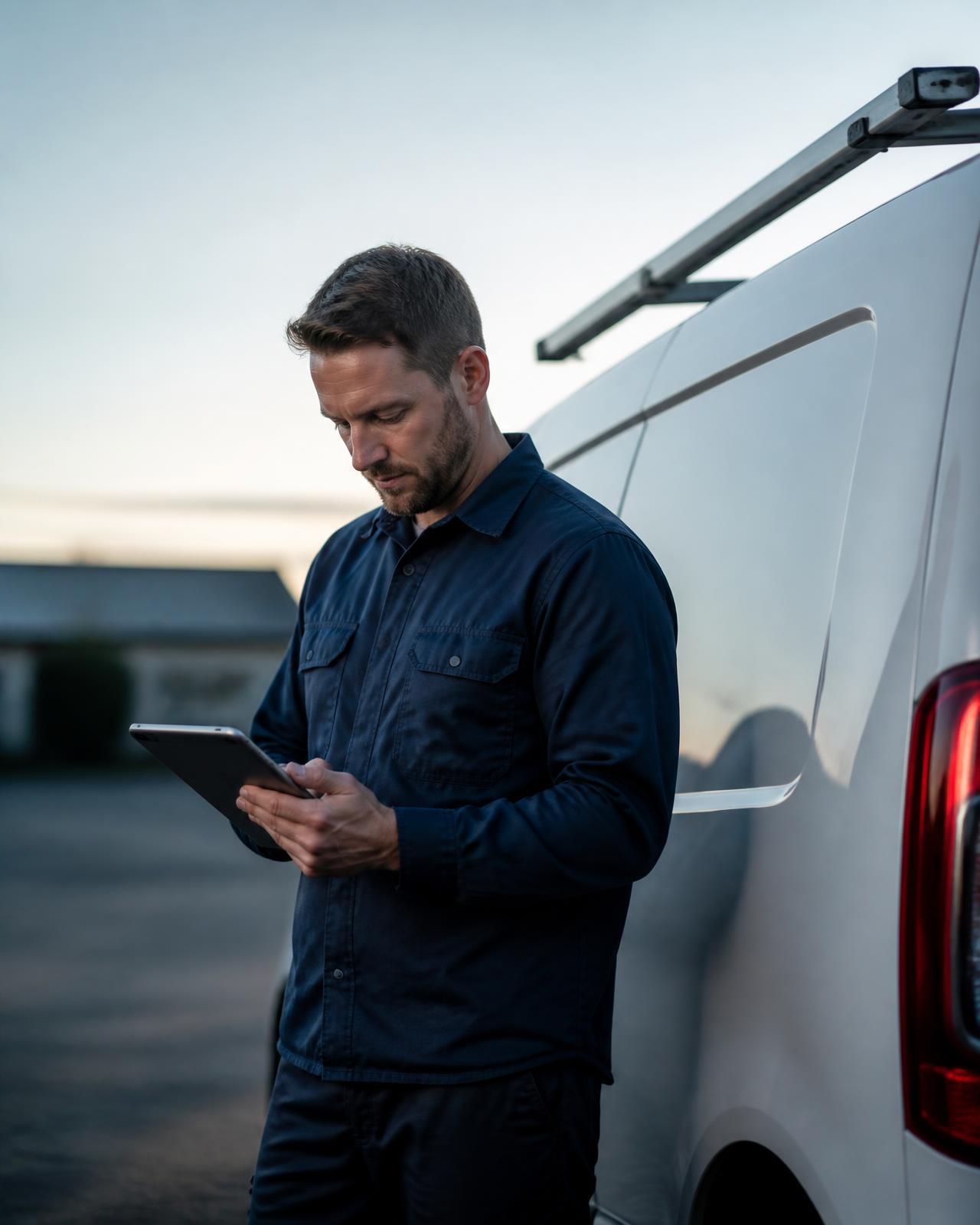 A UK fleet manager beside a commercial van at a small business depot