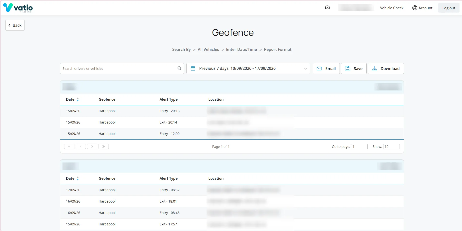 Vatio Platform geofence report listing entry and exit alerts by vehicle