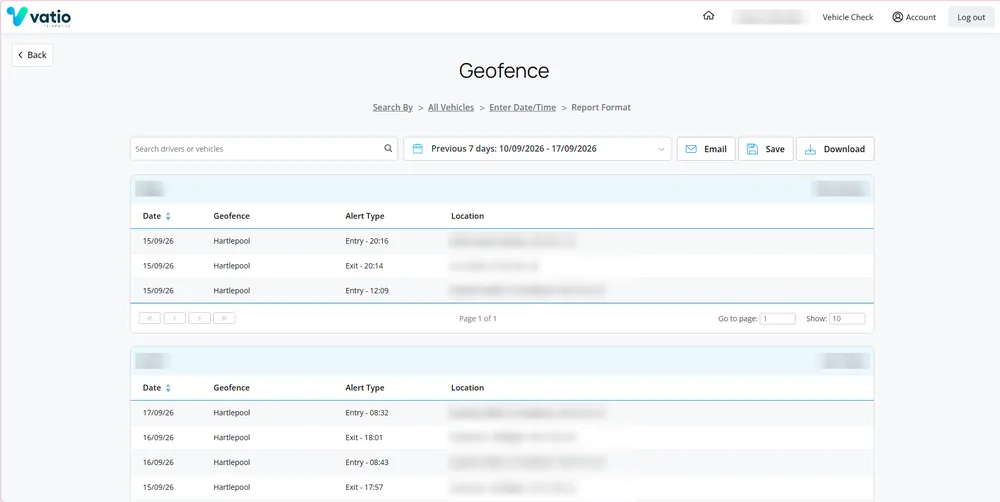 Vatio Platform geofence report listing entry and exit alerts by vehicle