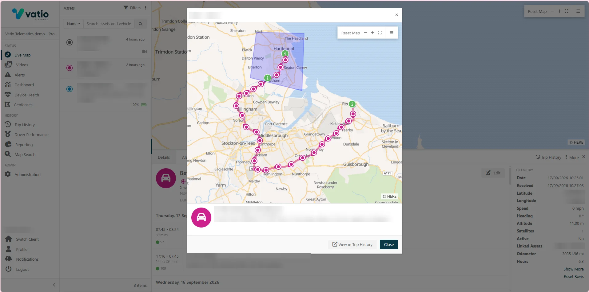 Vatio Platform live map showing a vehicle's journey and live telemetry