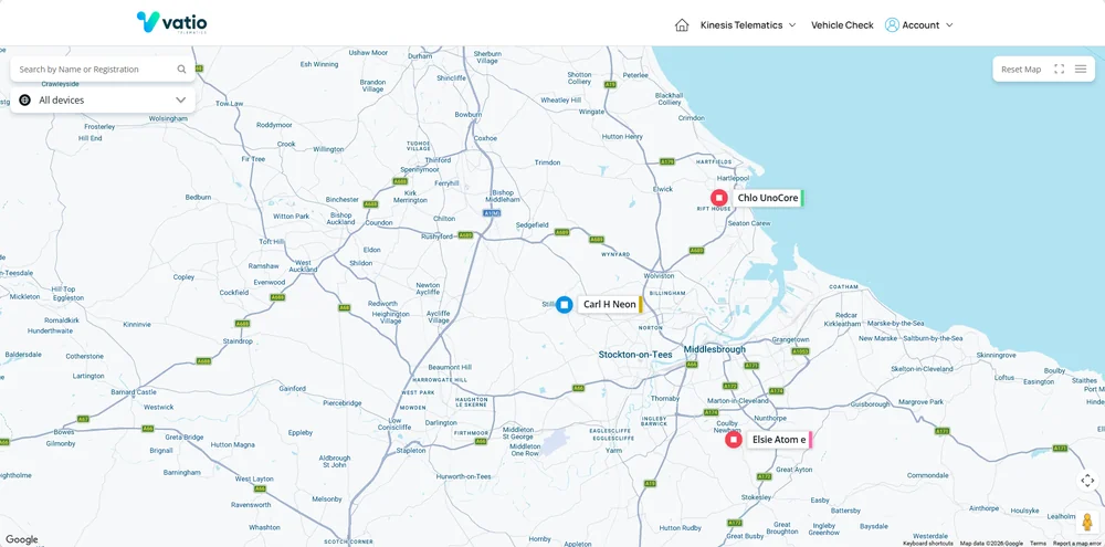 Vatio Platform live map showing live vehicle and asset positions across the North East