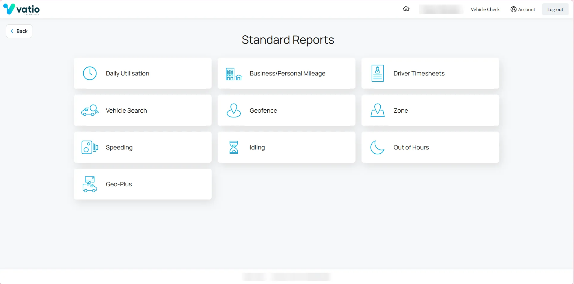 Vatio Platform standard reports menu including utilisation, mileage, timesheets and idling