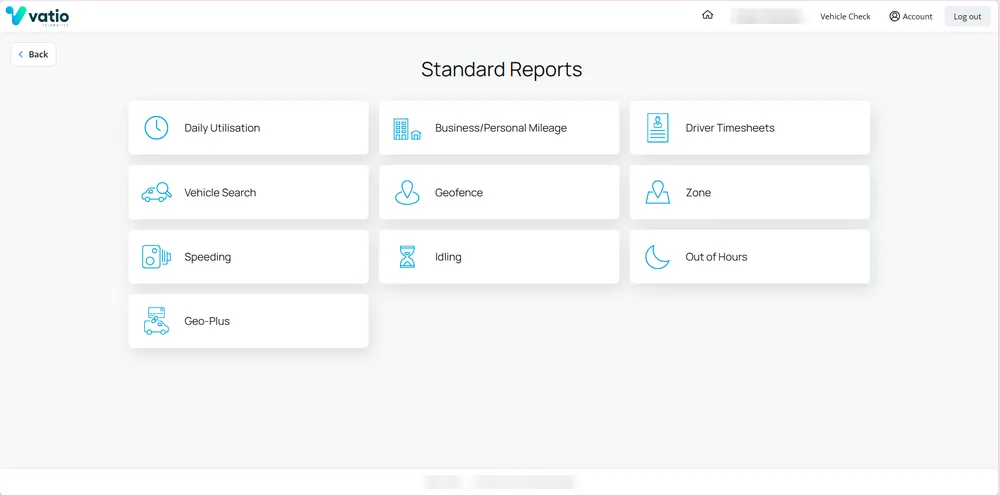 Vatio Platform standard reports menu including utilisation, mileage, timesheets and idling