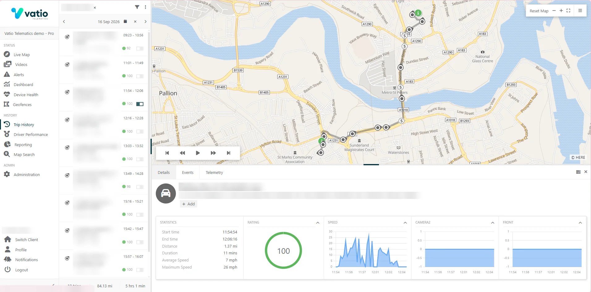 Vatio Platform trip history with a day's journeys, route map, speed and driving rating